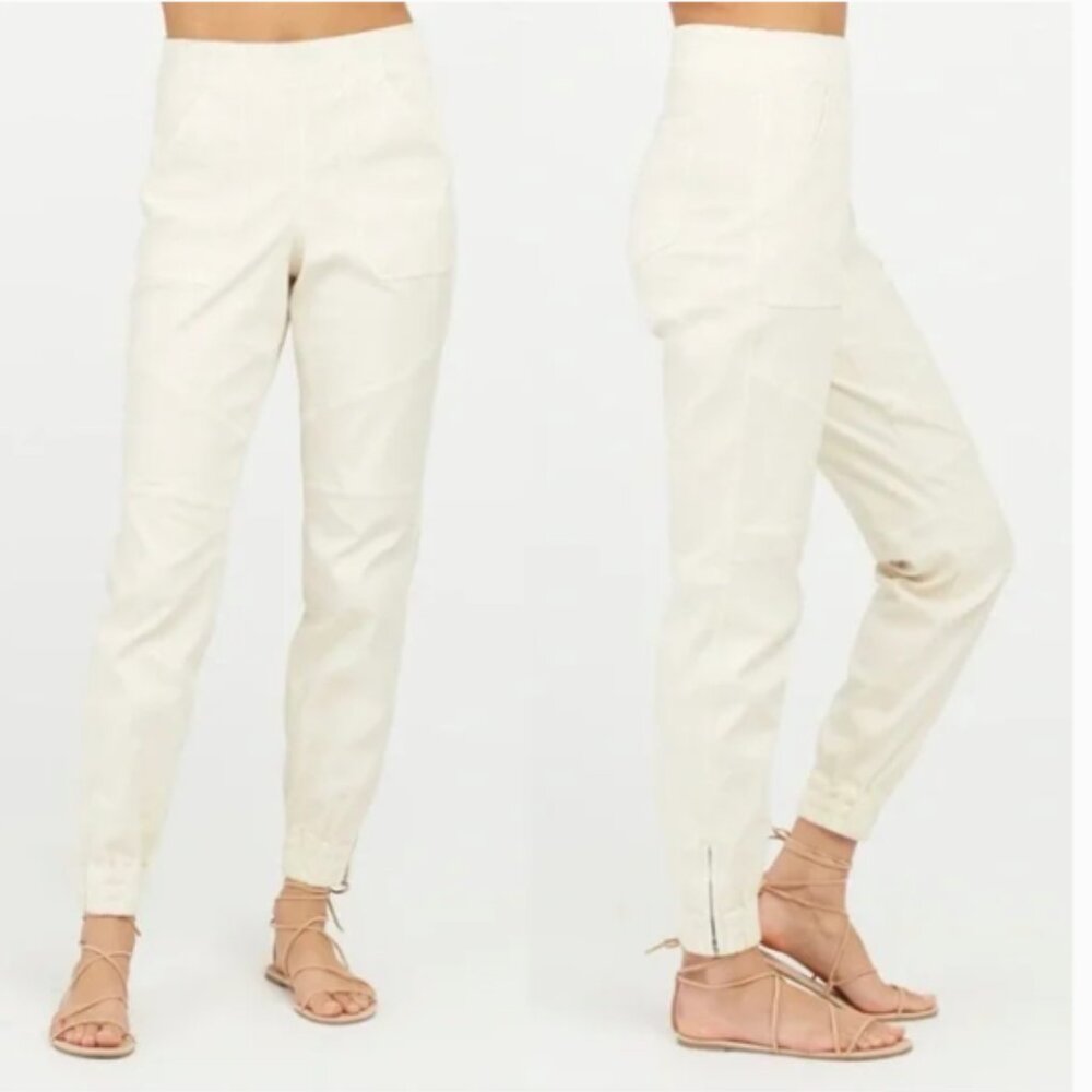 Spanx Parchment Cream Twill Stretch Zipper Ankle Jogger‎ Pants Medium NWOT